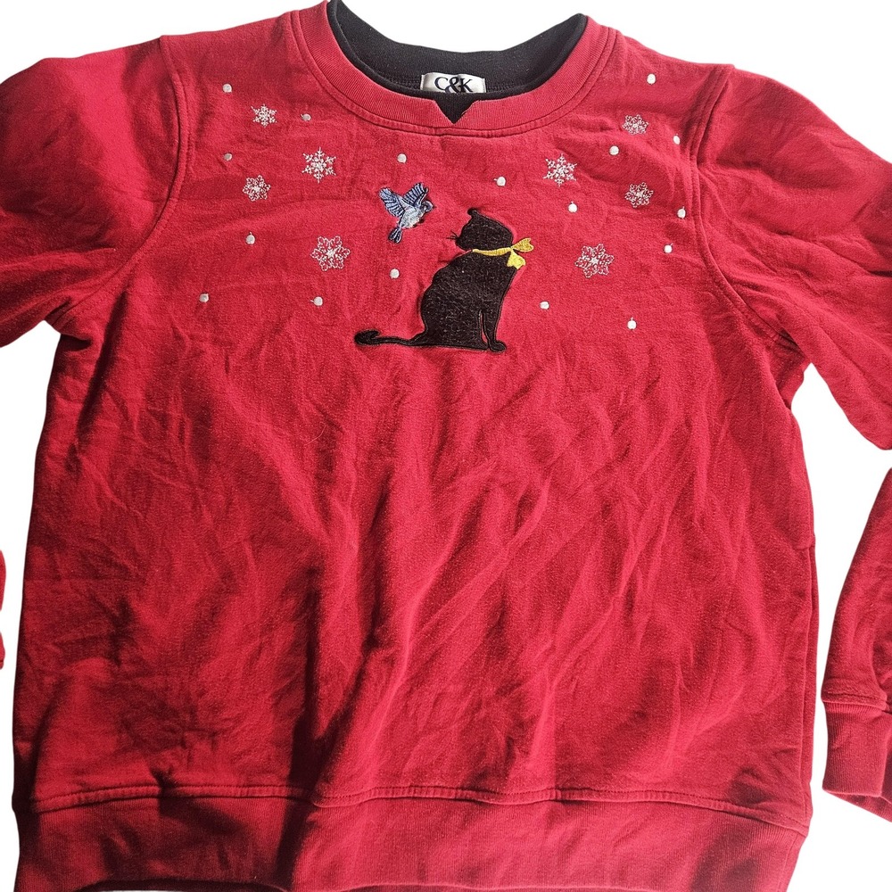 C&K‎ Designs Sweatshirt Womens Medium Crewneck Embroidered Cat Snowflake Holiday